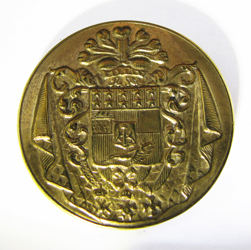 25-5.1.1 Coats of arms only (must have family shield) - achievement shield, three orders of distinction, crest (feathers in a coronet), mantle - gilded brass - 1 & 1/16"