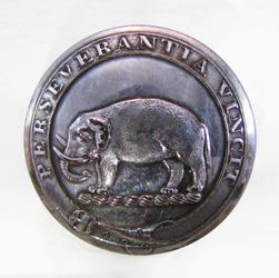 25-5.2.2.1 Animals (corresponds to Sec. 17 - Mammals/Elephants) - Standing Elephant surmounting a torse with the Blayney de Monaghan family motto on a belt of distinction - silver-plated copper - 1"