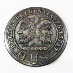 25-5.2.2.4 Other pictorials (corresponds to Sec. 20 - Heads) - Three men's heads surmounting a torse  with a motto on a Belt of Distinction - silver-plated coper - 1 & 1/8"