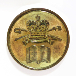 25-5.3.3 Unlisted, badges, bishop’s mitre, without design, etc. (by themselves, no crest or achievement shield present) - Ecclesiastic/Royal crown atop a pallium with a crossed crosier & blessing cross above a Bible - gilded brass - 15/16"